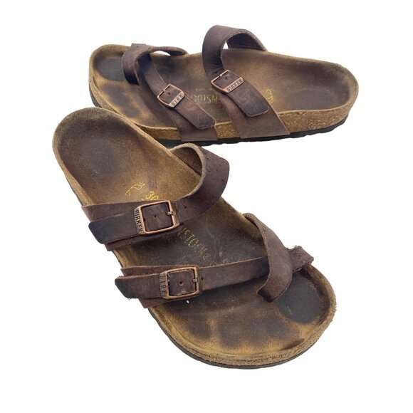BIRKENSTOCK Mayari Strappy Toe Loop Sandal Womens SZ 36 Cork Brown Leather - Picture 1 of 9